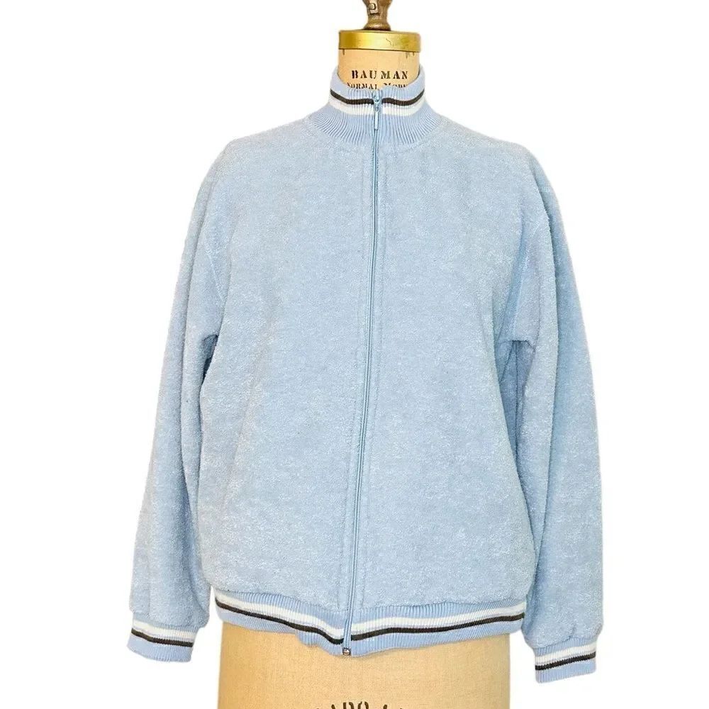 Vintage 1980s Light Blue Bill Blass Terrycloth Bomber Jacket size large